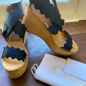 Chloe Black Leather Scalloped Espadrilles